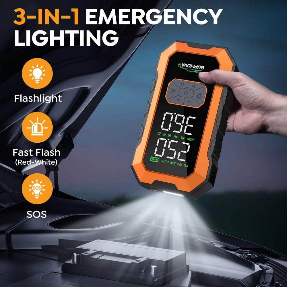 Arrancador de Coche 12000A con Compresor de Aire Inflador de Neumáticos Inalámbrico, Booster de Batería de 25000mAh con Pack de Batería Externa y Linternas LED, Caja de Arranque Automático de 12V para Todos los Vehículos de Gasolina o Diésel de 10.0L, Pan