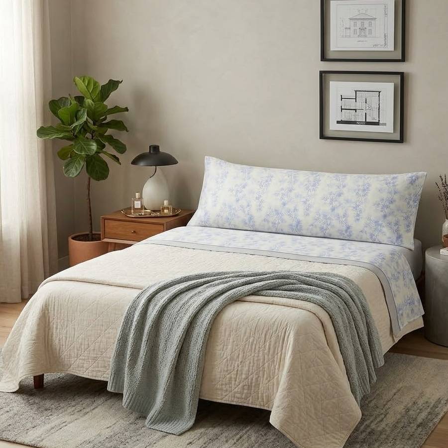 Juego de cama de tres piezas apto para todas las estaciones, que incluye una sábana, una sábana ajustable y fundas de almohada. Medidas: 90 cm, 105 cm, 135 cm, 150 cm y 180 cm.