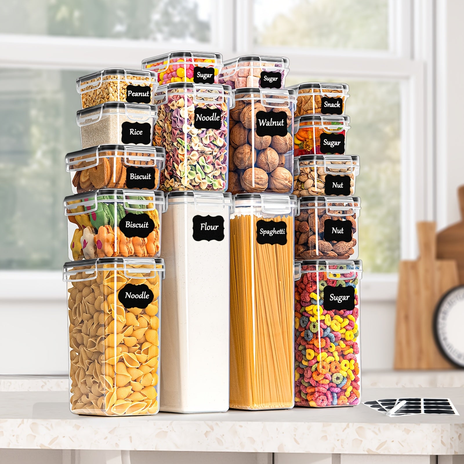 ¡Un imprescindible para la cocina familiar! Juego de 16 frascos de almacenamiento de cocina, tarro de plástico sellado para alimentos con tapa, complementos de cocina para guardar granos, pasta, harina, comida para mascotas, con etiquetas y marcadores, al