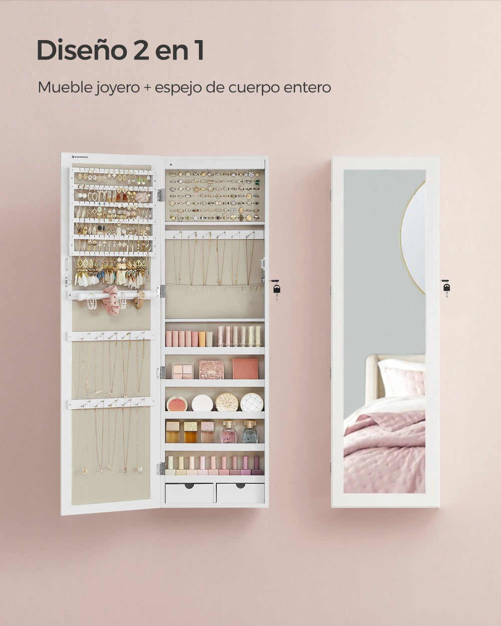 Armario Joyero Con Espejo, Joyero Para Pared O Puerta, Con Cerradura, 2 Cajones, 10 X 37 X 120 Cm, organizador pulseras collares pendientes anillos, diseño moderno accesorios joyas decoración dormitorio elegante, Regalos de Festivos, Regalos de Navidad