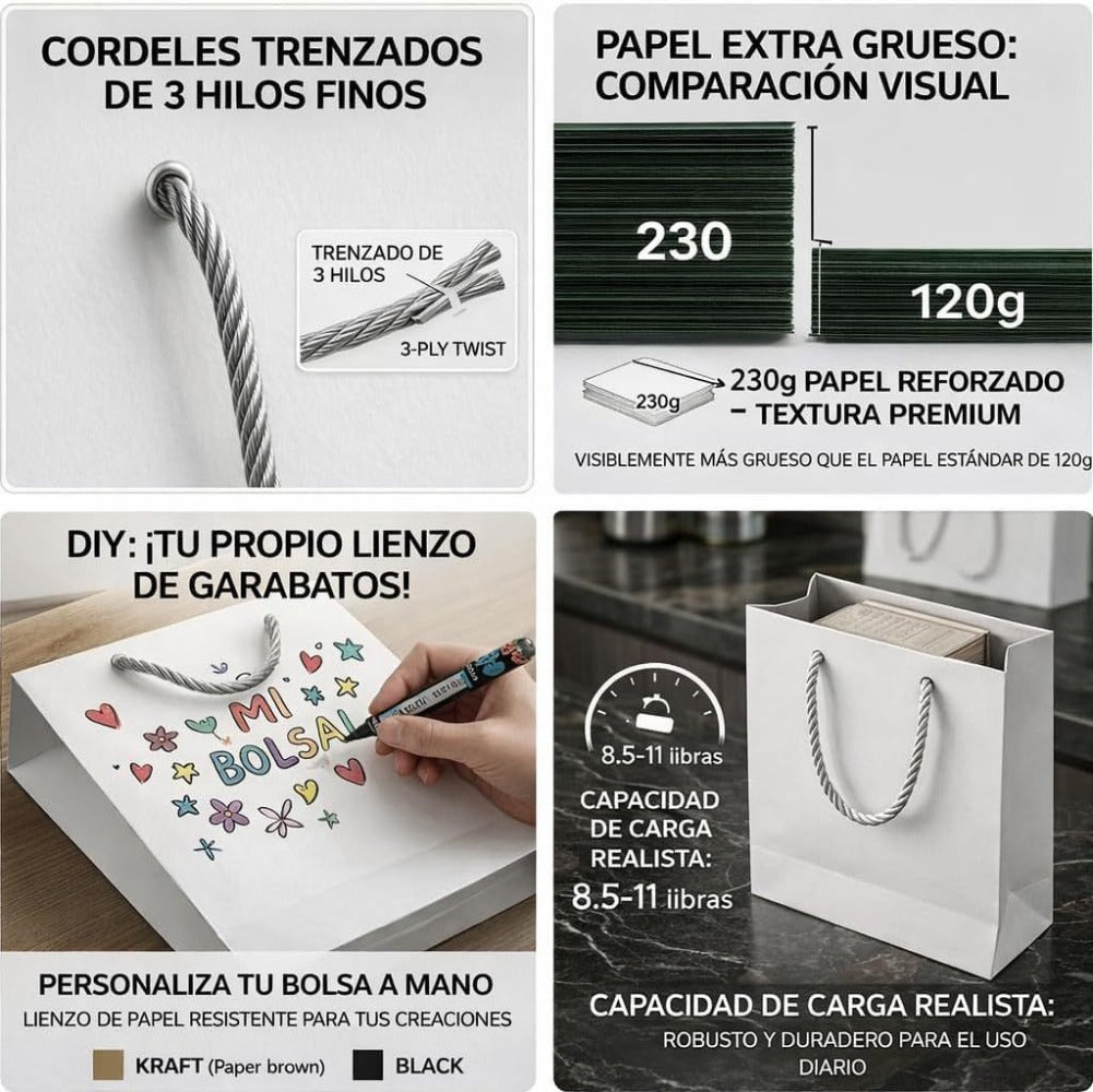 Pack de 12 Bolsas LUJO para Regalo con Asas de Cuerda,Bolsa Premium de Papel Grueso 230GSM，Fondo Reforzado, Ideales para Regalos, Eventos y Uso Profesional