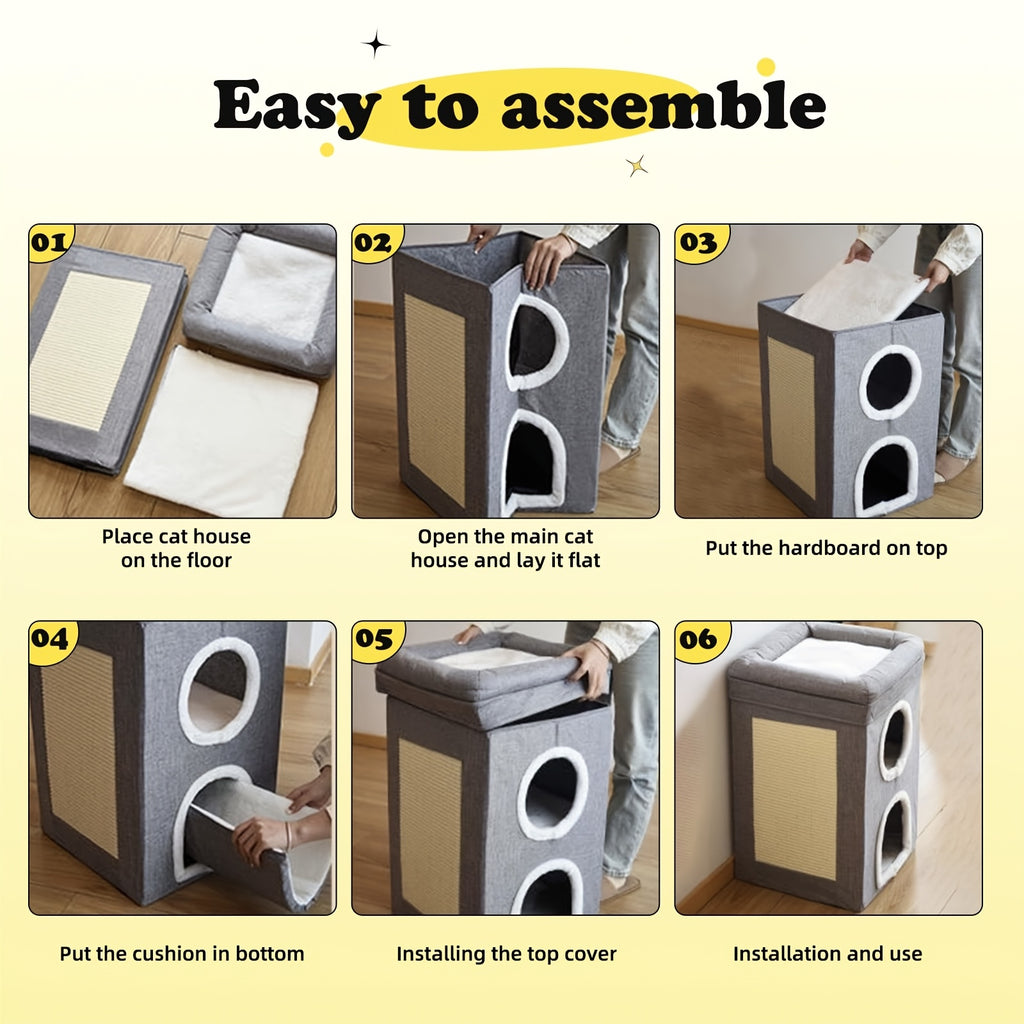 Rascador para gatos | Casa de Árbol para Gatos Moderna y Grande de 2 Pisos con Rascador, Cueva Oculta & Túnel, Mueble Doblable en Formato Caseta