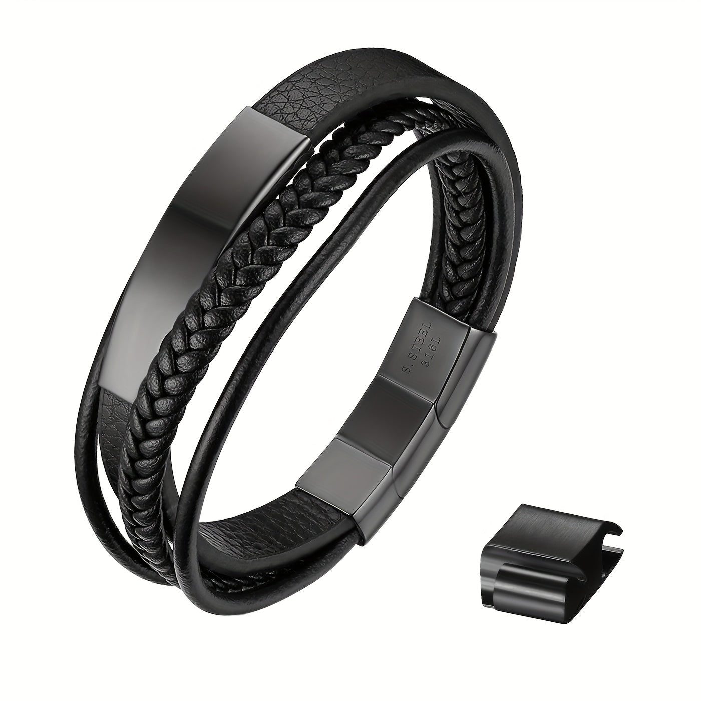 Un brazalete tejido multicapa diseñado para hombres, equipado con un cierre curvo de marca. Su longitud ajustable lo convierte en un regalo ideal para hombres