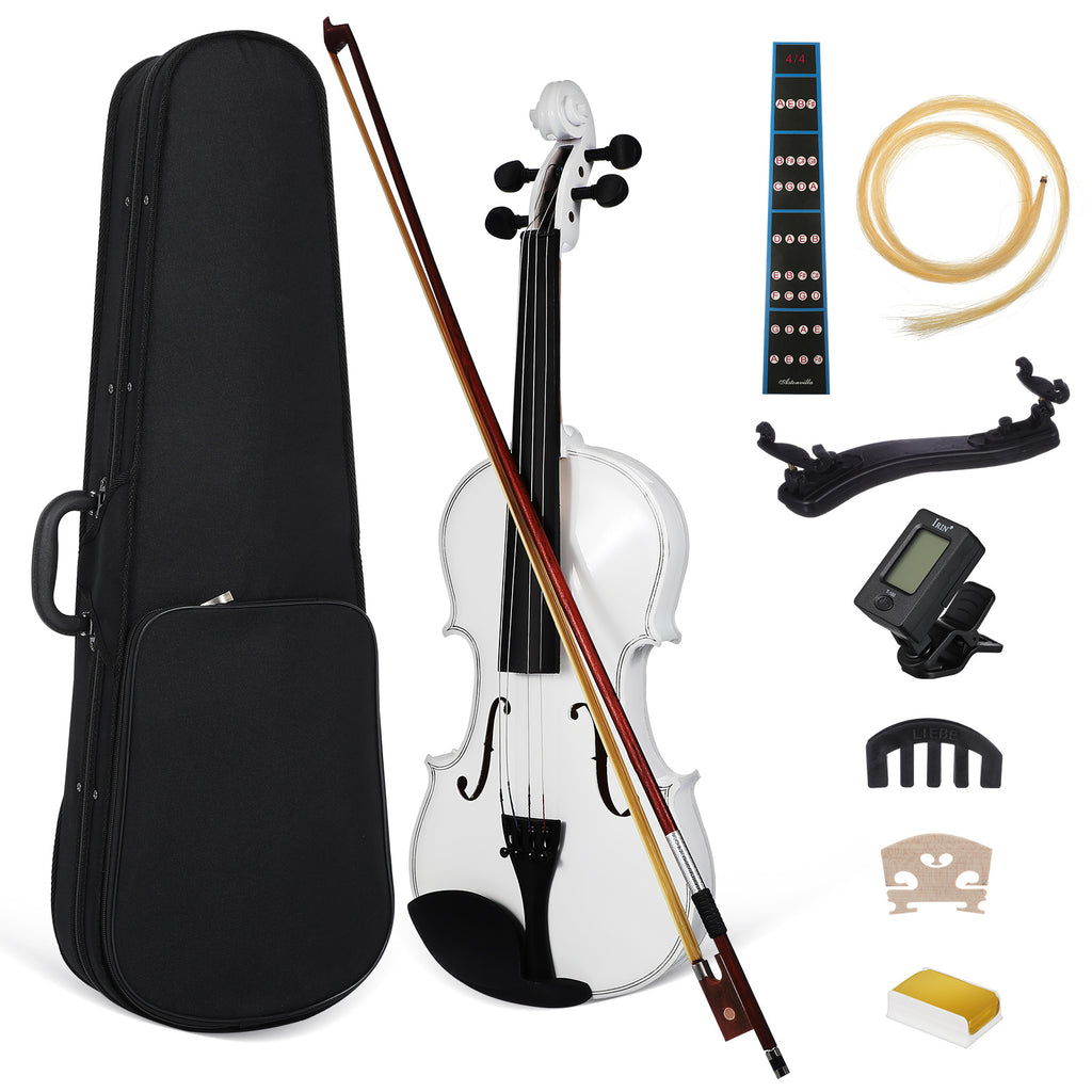 Violín de madera con arco, cuerdas, paño de limpieza y hombro - Elegante extremo blanco, incluye arco y accesorios para principiantes y profesionales, accesorios para violín, calidad profesional, diseño clásico, artesanía de alta calidad