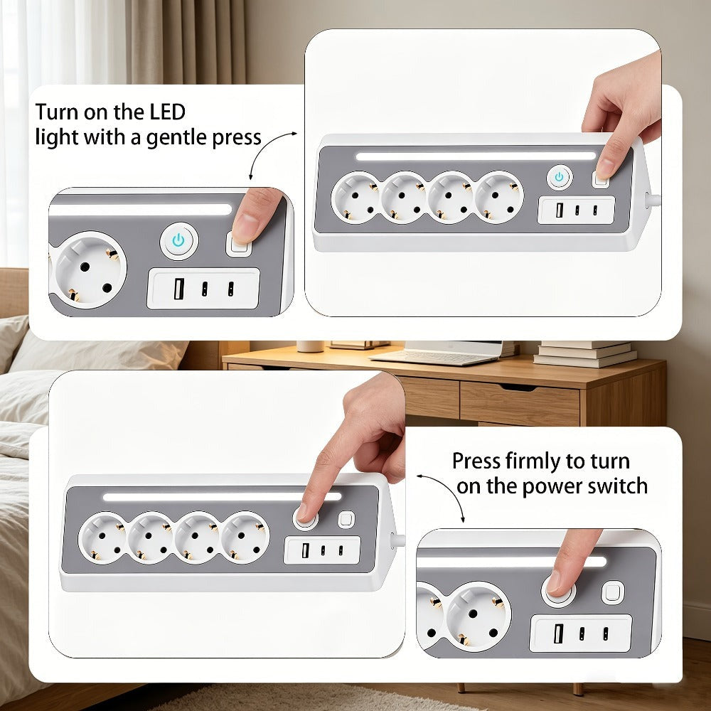 Regleta de enchufes múltiples de ángulo recto 7 en 1 con estación de carga rápida, 4 CA, 2 USB-C de 20W con indicador LED y doble interruptor, ideal para cargar teléfonos, tablets en el hogar, la oficina, configuración de oficina en casa, organización del