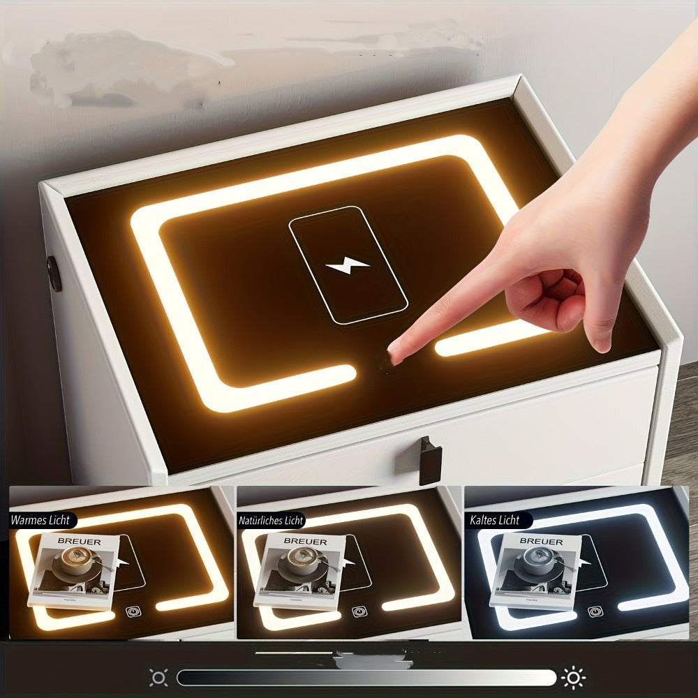 Mesita de noche, organizador de mesita de noche con luz LED, mesita de noche de 2 cajones, cómoda para sala de estar/dormitorio