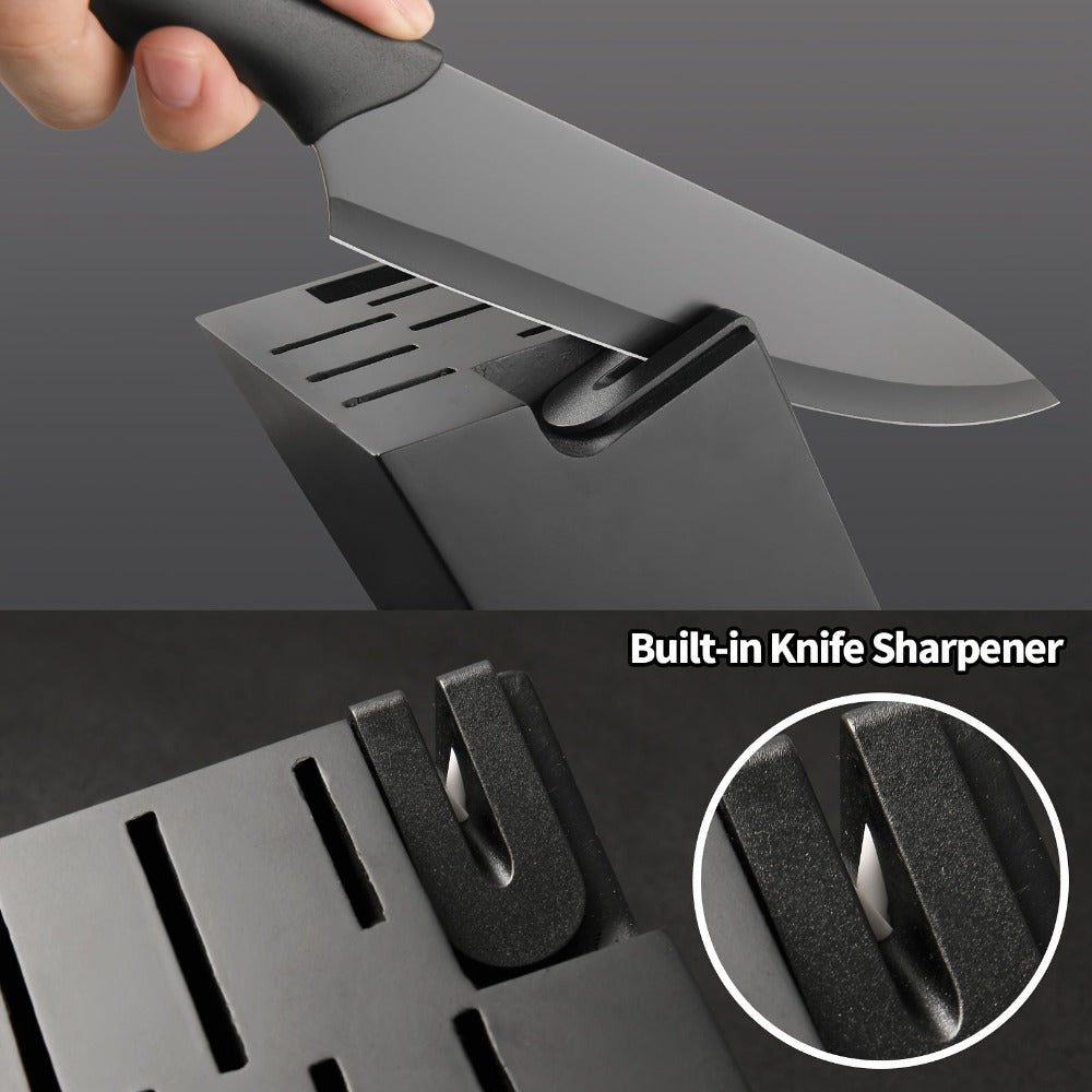 Juego de cuchillos de cocina de acero inoxidable con revestimiento antiadherente, juego de 15 cuchillos de cocina profesionales con bloque de madera negra, mango de ABS antideslizante para cuchillos de chef, tabla de cortar de plástico y tijeras de cocina