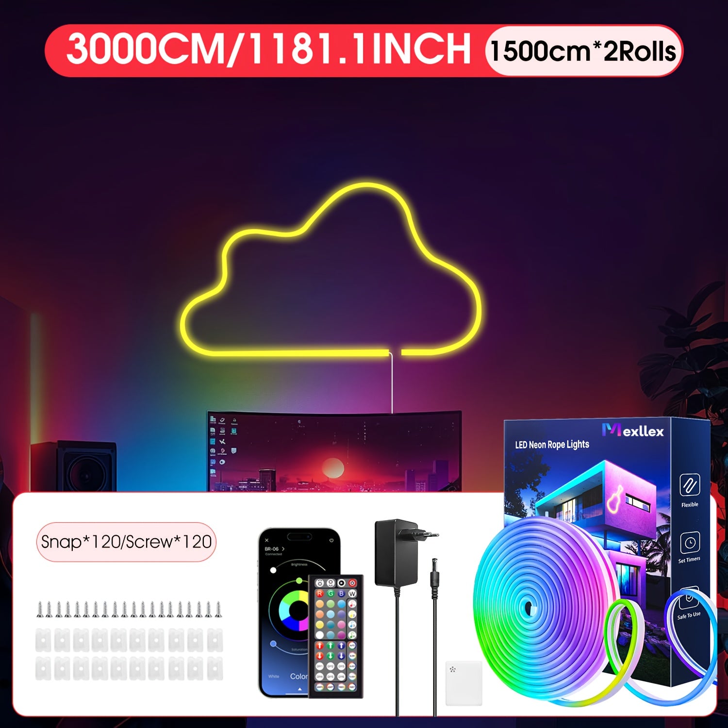 Tira de luz LED neón de 5M/10M/15M/20M/30M, 24V, control remoto/aplicación, tira de luz RGB flexible, IP67, ideal para dormitorio, habitación y decoración exterior