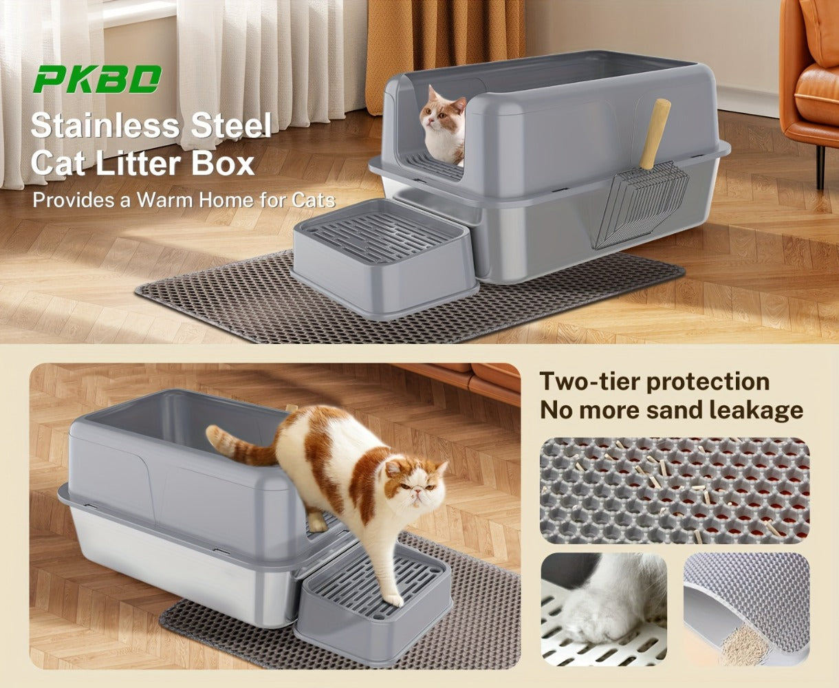 Bandeja de arena para gatos XXL de acero inoxidable con recinto desmontable, gran capacidad de 32L, incluye tapete XXL para arena de gato, pala metálica y escaleras para gatos mayores, apta para todos los gatos