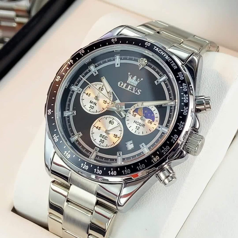 OLEVS Relojes para Hombre Fase Lunar Esfera Acero Inoxidable/Correa de Cuero Cronógrafo Lujo Negocios Vestir Analógico Cuarzo Relojes Masculinos Clásicos Casual Caballero Relojes de Pulsera Luminosos Esfera Negra/Blanca/Azul/Verde