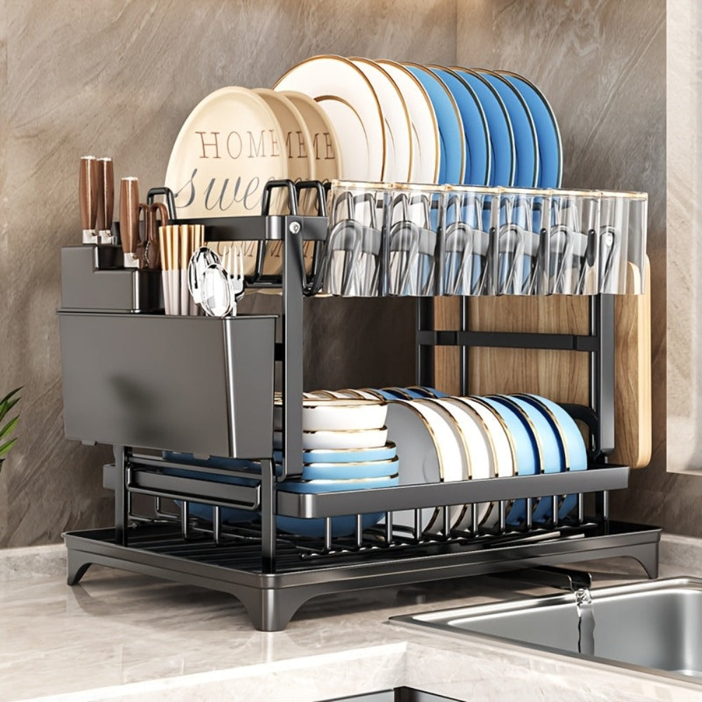 Escurridor de platos de acero al carbono de 2 niveles para encimera de cocina, escurridor de platos que ahorra espacio, con soporte para utensilios y soporte para tabla de cortar, escurridor de gran capacidad con sistema de drenaje giratorio