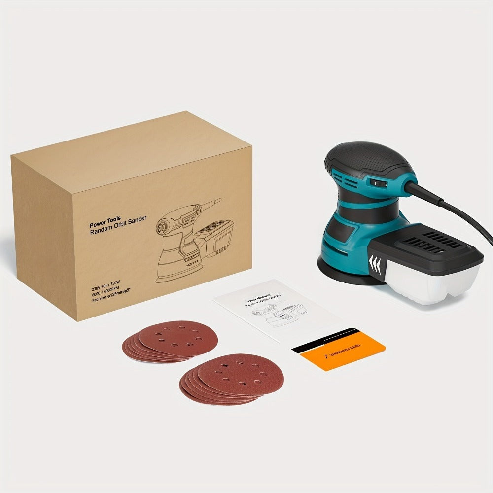 Lijadora orbital aleatoria de 385 W, 6 velocidades ajustables, 13000 RPM, 12 lijas, disco de 125 mm, extracción de polvo, ideal para madera y superficies