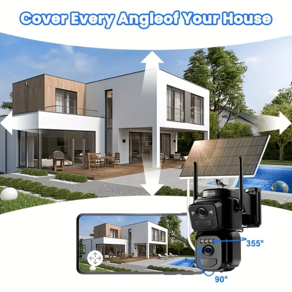 SZSINOCAM [Zoom 10x] Cámara CCTV WiFi 2K QHD de 360 grados con batería de panel solar de bajo consumo, alarma con foco, detección de movimiento, visión nocturna a color, audio bidireccional, un dispositivo = dos cámaras (cámara solar tipo bala + cámara so