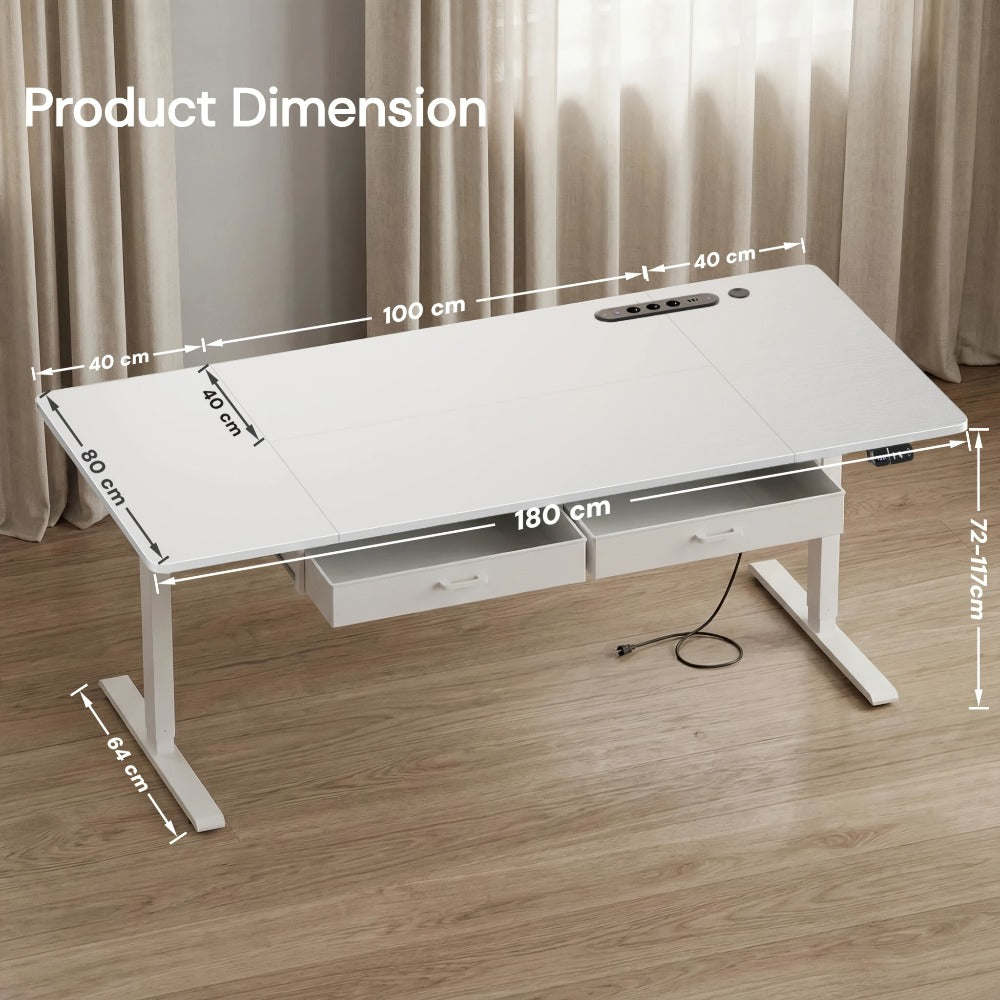 Escritorio de oficina eléctrico ajustable en altura, mesa de PC de oficina para juegos con enchufes incorporados, escritorio ajustable en altura para sentarse o estar de pie con 2 cajones de tela, escritorio grande, función de memoria, 5 tamaños