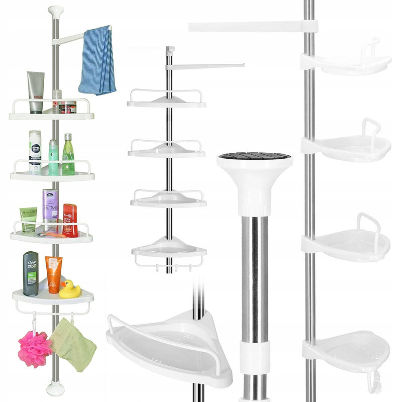Estante Telescópico de Esquina para Baño, Organizador de Ducha para Bañera, 4 Niveles Ajustables, Montaje sin Taladro con Diseño de Ventosas, Tubo de Aluminio Estable y Estantes de Plástico con Agujeros de Drenaje, Altura Máxima de hasta 320 cm, Resistent