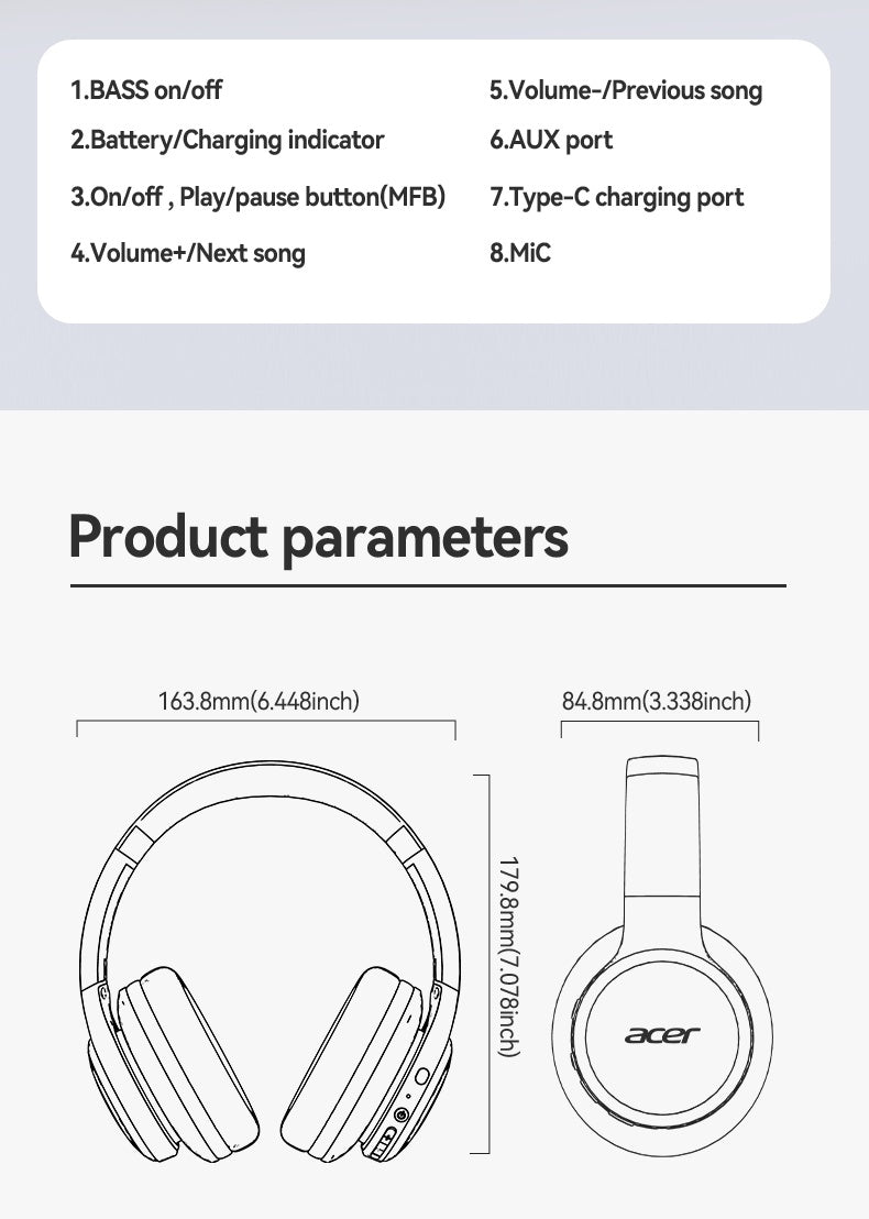 Auriculares Bluetooth | [Producto Oficial Acer] Auriculares Over-Ear Acer OHR559 OWS con Sonido Envolvente ACS, Bajos Potentes, Batería de Larga