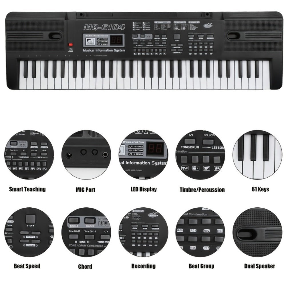 Piano electrónico de 61 teclas, piano ideal para principiantes, piano electrónico portátil, con 16 tonos, 8 efectos de sonido de percusión, 10 ritmos, 6 demostraciones, altavoces incorporados, sonido de alta calidad, es la mejor opción para entusiastas de