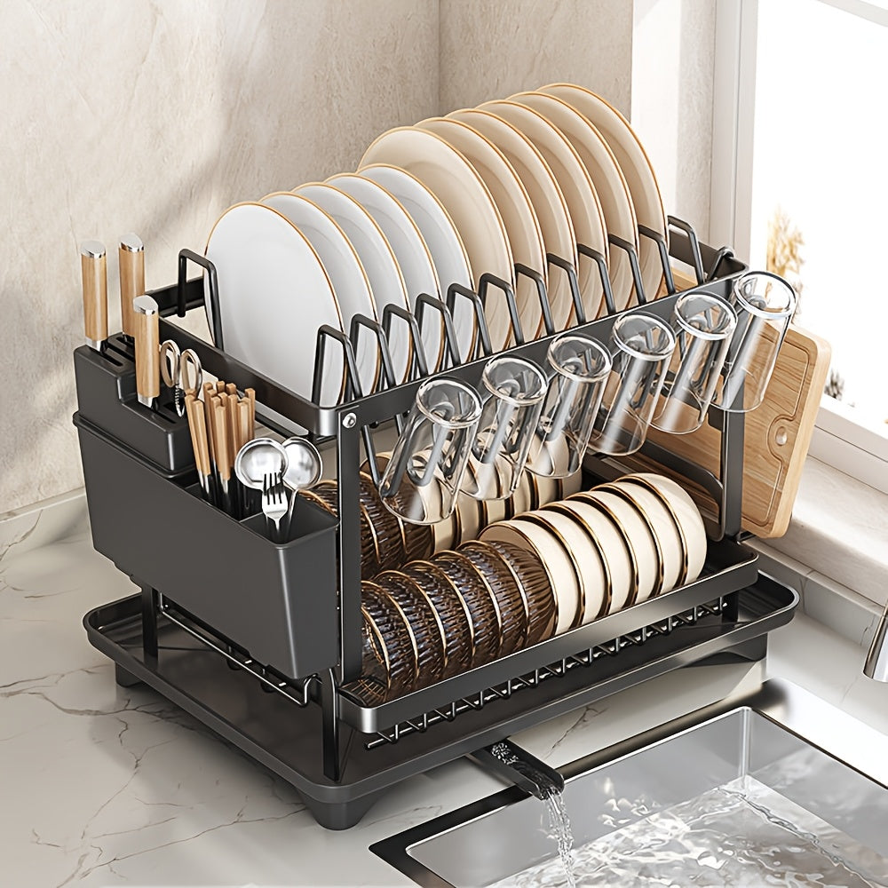 Escurridor de Platos de 2 Niveles con Bandeja de Drenaje - Escurridor de Platos Giratorio Ajustable, Soporte para Utensilios y Tazas, Organizador de Encimera de Cocina que Ahorra Espacio para un Secado Eficiente