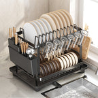 Escurridor de Platos de 2 Niveles con Bandeja de Drenaje - Escurridor de Platos Giratorio Ajustable, Soporte para Utensilios y Tazas, Organizador de Encimera de Cocina que Ahorra Espacio para un Secado Eficiente
