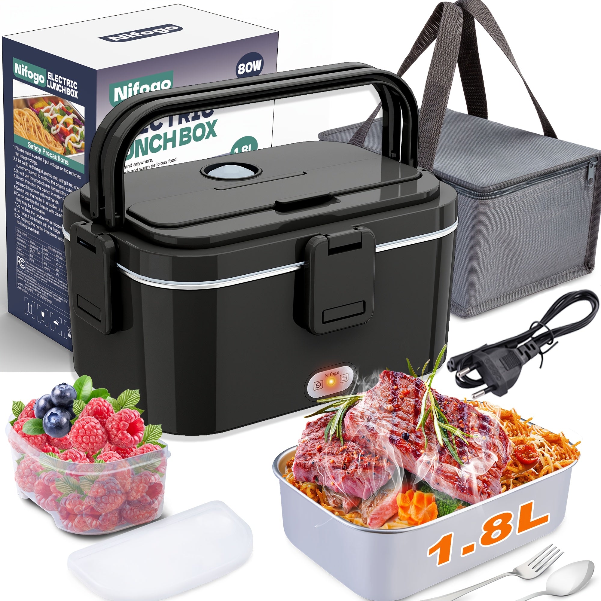 Caja de Almuerzo Ajustable de 80W, 1.8L para Adultos, Caja de Almuerzo Aislada, Caja de Almuerzo Portátil con Calefacción para Uso Exterior, Incluye Bolsa Aislante y Juego de Cubiertos, Disponible para Camión y Coche