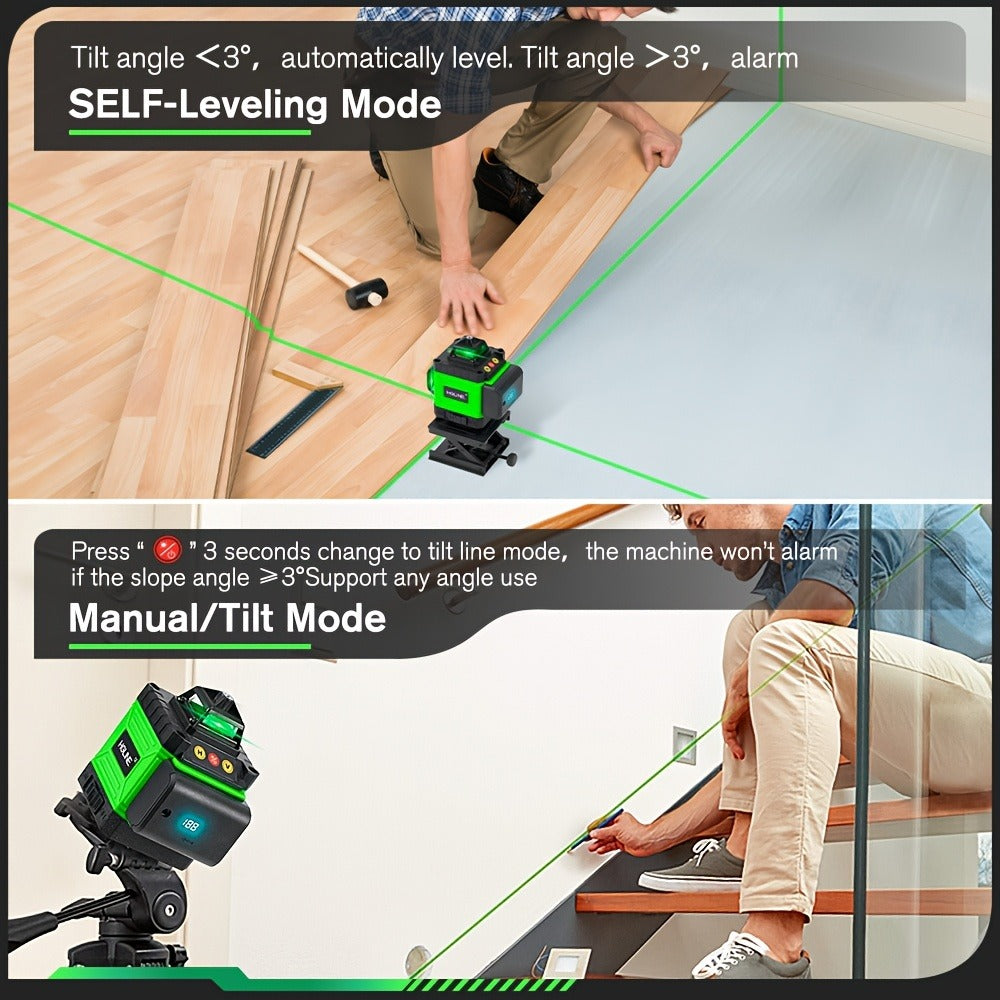 1 Juego de Nivel Láser de 16 Líneas con Nivelación Automática de 360°, Herramienta de Nivel Láser de Línea Cruzada Verde 4X360° para Construcción y Colgar Cuadros, Nivel Láser 4D con 2 Baterías Recargables