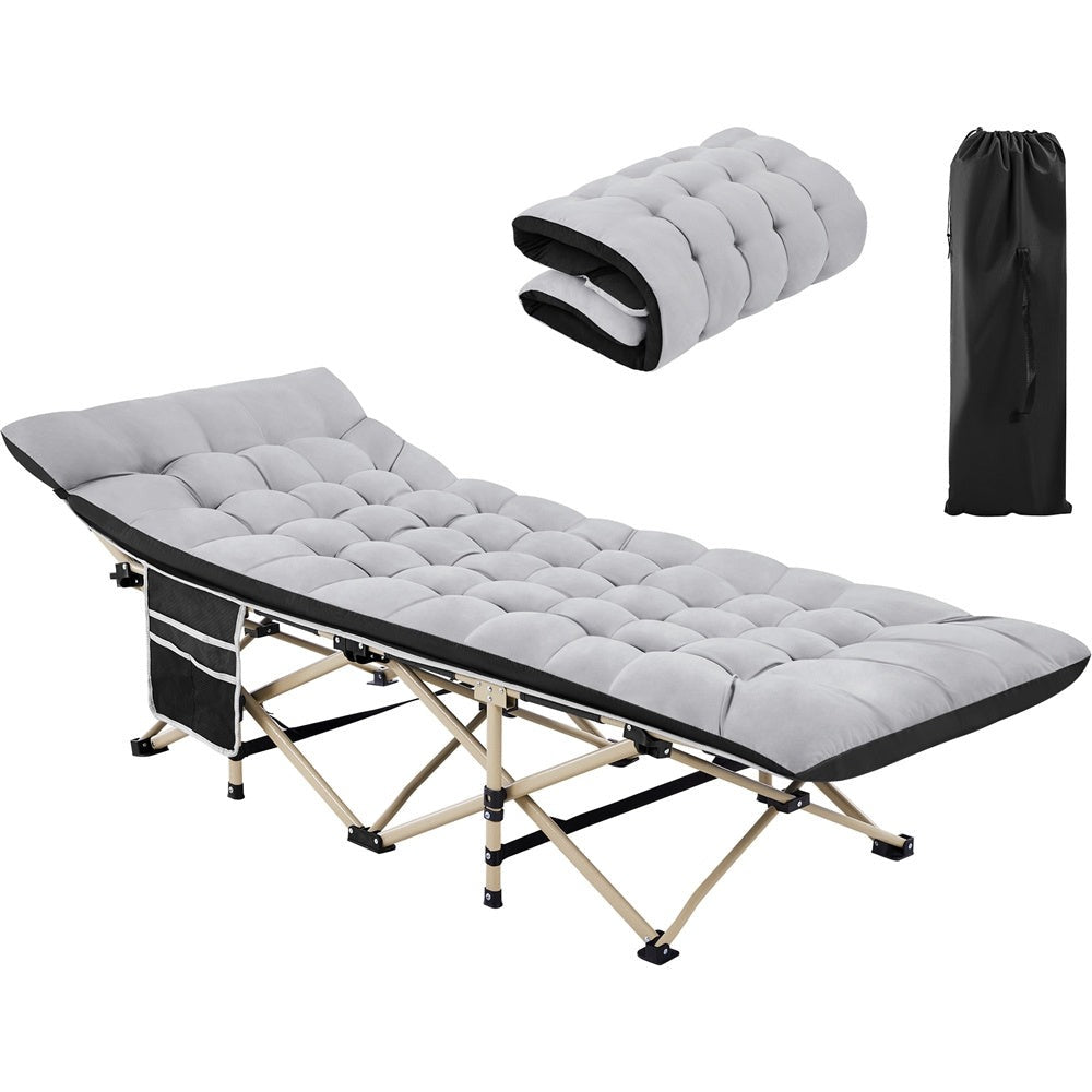 Cama de camping plegable con colchón, tumbona de jardín, cama de invitados con bolsillo lateral y bolsa de transporte para vacaciones en el jardín, oficina, interior y exterior.