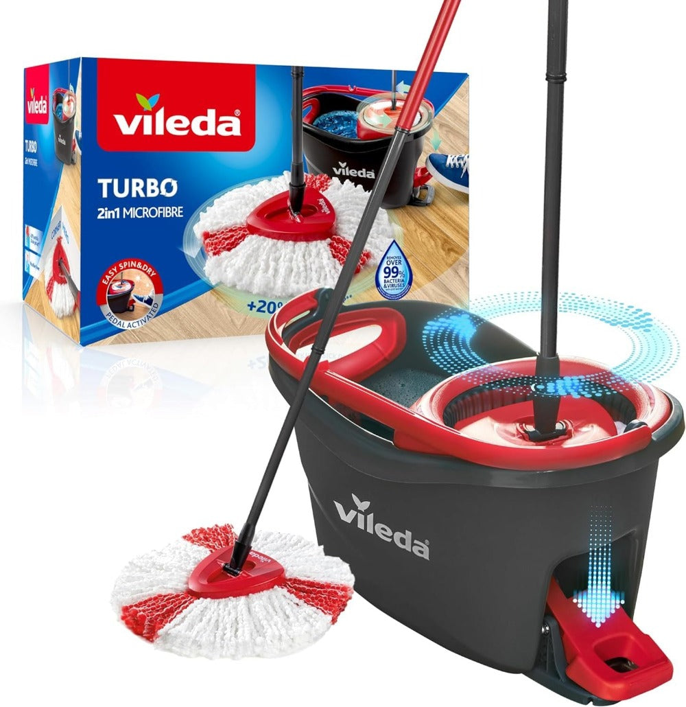 Vileda Set Fregona y Cubo de Limpieza con Pedal y Escurrefácil Giratorio, Fregona con Mango Extra Largo, Cabezal Triangular de Microfibra ideal Para los Rincones