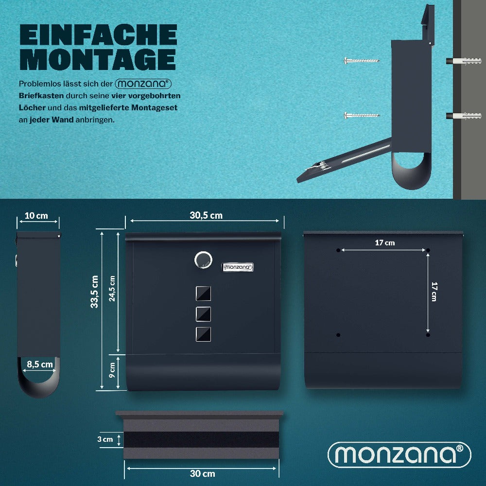 Buzón MONZANA® con Cerradura Cruzada, Cilindro de Cobre, Tapa Giratoria, 31x10x34 cm, Ventana de Visualización, Placa de Identificación, Compartimento para Periódicos, Fácil Instalación, Acero Aleado, 2 Llaves, Caja de Correo