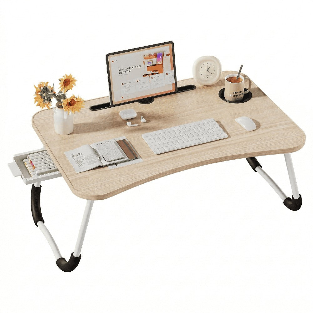 Mesa plegable multifunción para cama y sofá con portavasos, 60×40×28 cm, mesa auxiliar con atril para leer en la cama, bandeja multifunción para ordenador, libros, trabajo y estudio en casa (con cajón / sin cajón)