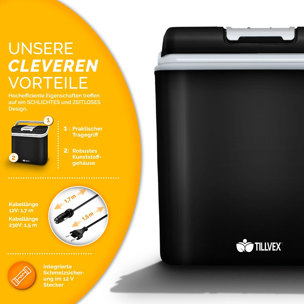 Tillvex® Caja Enfriadora Eléctrica 24L | Mini Nevera 230V & 12V para Coche, Auto, Camping | Caja Térmica Aislada para Enfriar y Calentar | Caja Calentadora con Asa de Transporte y Modo ECO TVKB24-01