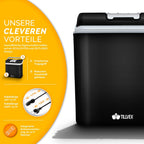 Tillvex® Caja Enfriadora Eléctrica 24L | Mini Nevera 230V & 12V para Coche, Auto, Camping | Caja Térmica Aislada para Enfriar y Calentar | Caja Calentadora con Asa de Transporte y Modo ECO TVKB24-01