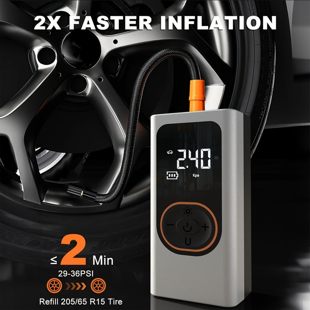 Inflador de neumáticos portátil inalámbrico de 150 PSI con medidor digital y luz LED, compresor de aire recargable USB-C - Infla rápidamente coches, bicicletas, motocicletas, balones, etc., herramienta portátil para inflar neumáticos, equipo de viaje para