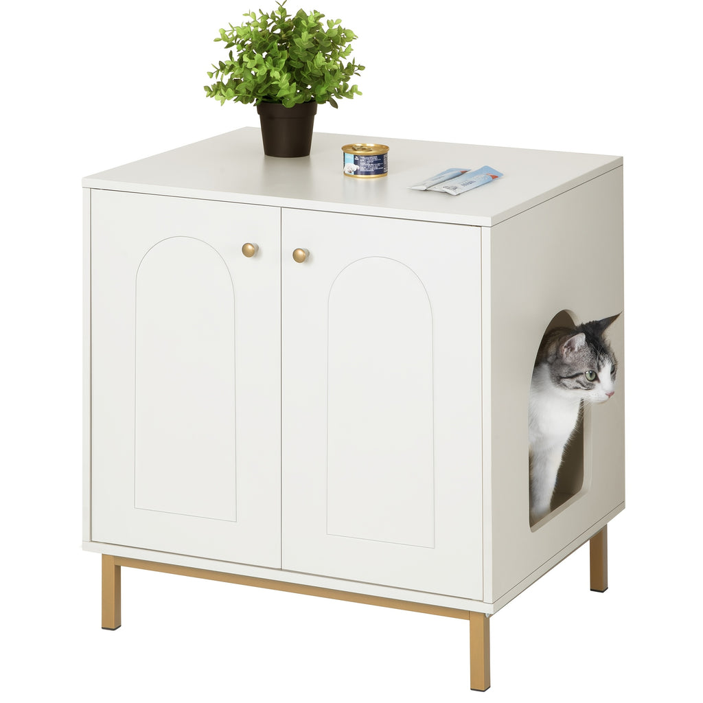 Gabinete para Gatos, Caja de Arena para Gatos, Casa para Gato con Puerta, Mesa Auxiliar de Madera para la Casa del Mascota, 50 X 60 X 61cm, Gabinete Estable para Gatos, Blanco y Dorado