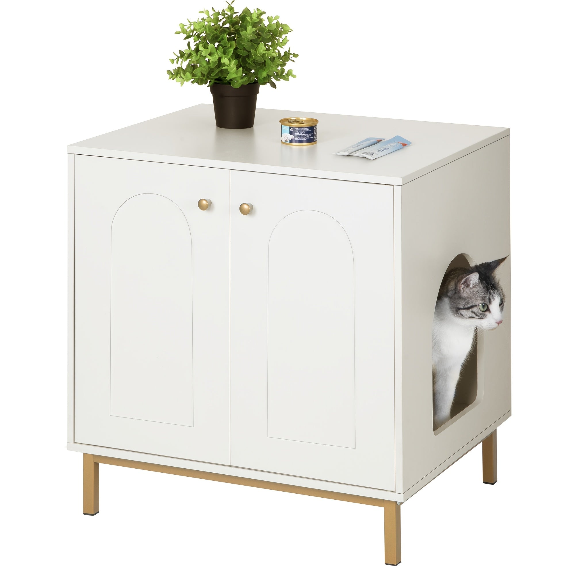 Gabinete para Gatos, Caja de Arena para Gatos, Casa para Gato con Puerta, Mesa Auxiliar de Madera para la Casa del Mascota, 50 X 60 X 61cm, Gabinete Estable para Gatos, Blanco y Dorado