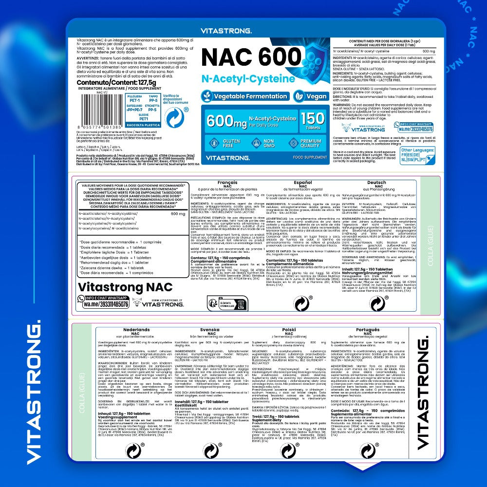 Vitastrong NAC 600 mg 150 comprimidos | Suplemento dietético con N-acetilcisteína de fermentación vegetal, fórmula vegana, 1 comprimido al día