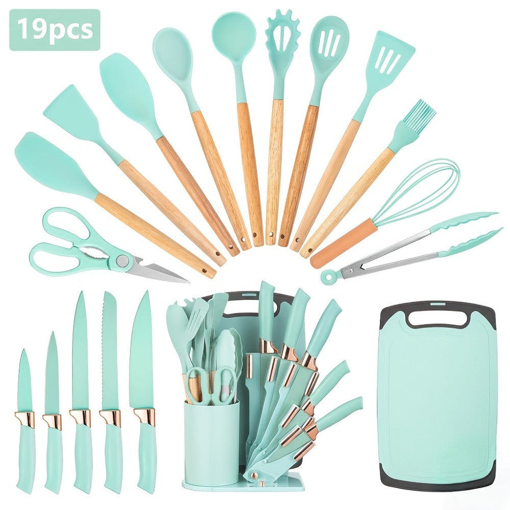 Juego de 19 piezas de accesorios para cuchillos de cocina con soporte de abanico - Artículos de cocina profesional y juego de cocina - Incluye rebanador de chef, cuchilla de carnicero y cortadores de pan - Electrodomésticos y accesorios de cocina elegante