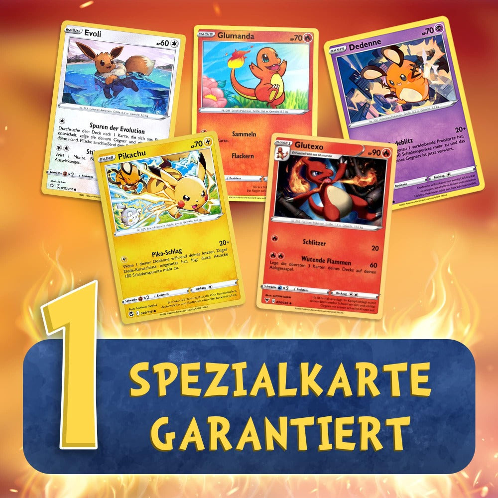 Cartas Pokémon en inglés - 50 surtidas (3 raras, holográficas, 1 aleatoria de Pikachu, Charmander, Dedenne o Eevee) - Cartas coleccionables originales de Pokémon de sets actuales - Incluye 100 fundas protectoras Heartforcards®