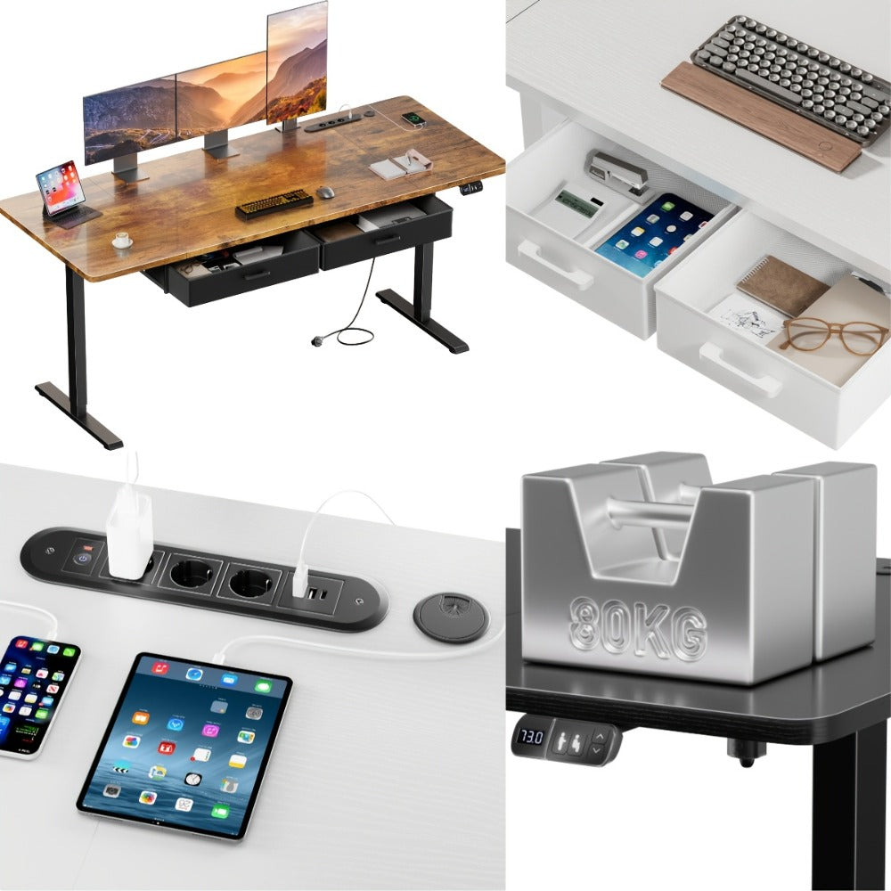 Escritorio de oficina eléctrico ajustable en altura, mesa de PC de oficina para juegos con enchufes incorporados, escritorio ajustable en altura para sentarse o estar de pie con 2 cajones de tela, escritorio grande, función de memoria, 5 tamaños