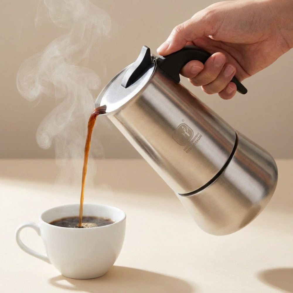 Cafetera Italiana Espresso de Acero Inoxidable para Inducción Vitro Gas Eléctrica. Cafetera de distintos tamaños 2/4/6/10 Tazas - Happy Friends