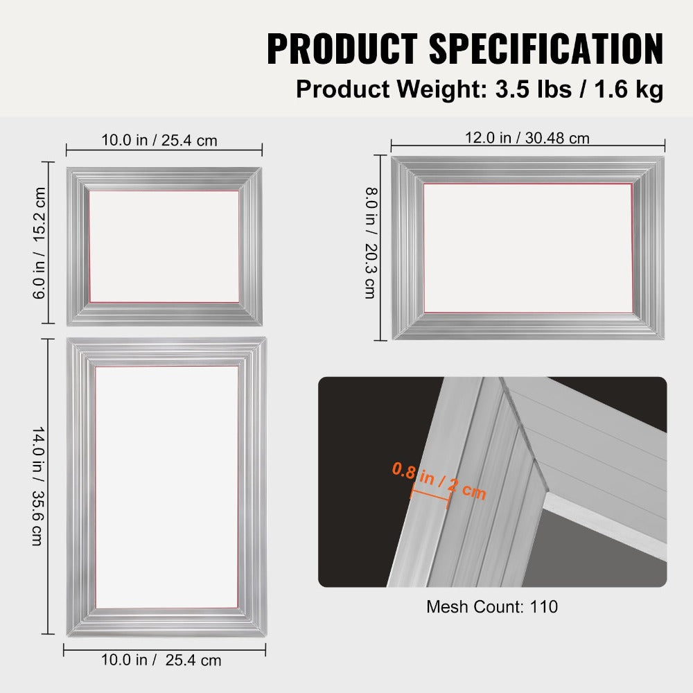 Kit de Serigrafía VEVOR, 3 Piezas de Marcos de Serigrafía de Aluminio 6x10/8x12/10x14 Pulgadas, 110 Mallas, 5 Purpurinas, Raspadores de Serigrafía y Películas Transparentes para Estampado DIY en Camisetas