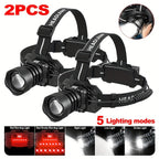 1/2pcs Linterna Frontal LED Recargable, 5 Modos de Iluminación con Luces de Advertencia de Luz Roja, Linterna Frontal Ajustable y Zoomable de 90° para Correr, Linterna Frontal de Caza Súper Brillante para Camping, Senderismo, Pesca, Running, Reparación de