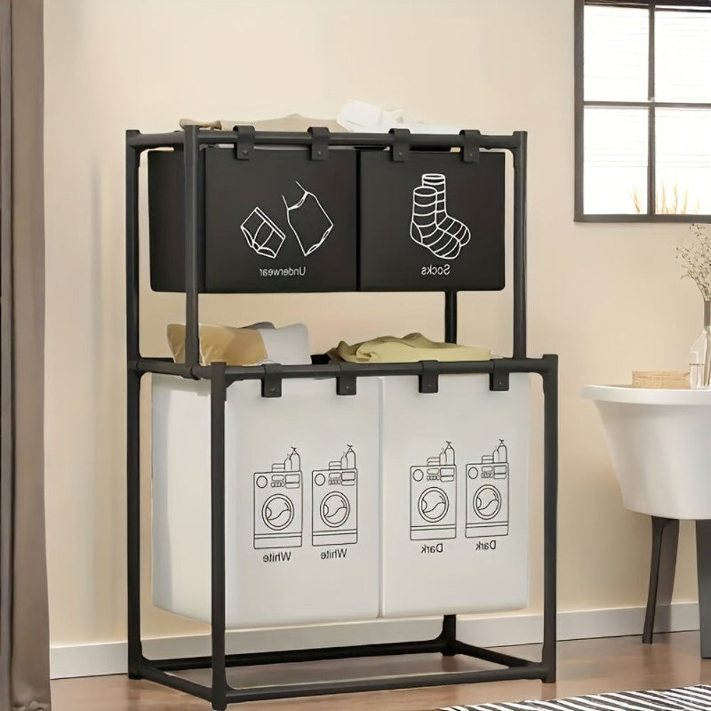 Cesta de Ropa Plegable Doble Capa con 4 Bolsas Desmontables, Cesto Multifuncional Ahorrador de Espacio, Material Duradero, Diseño Enrollable, Fácil Instalación, Color Moderno, Ideal para Dormitorio, Baño y Cocina, Esenciales para el Hogar,Organizador Mult