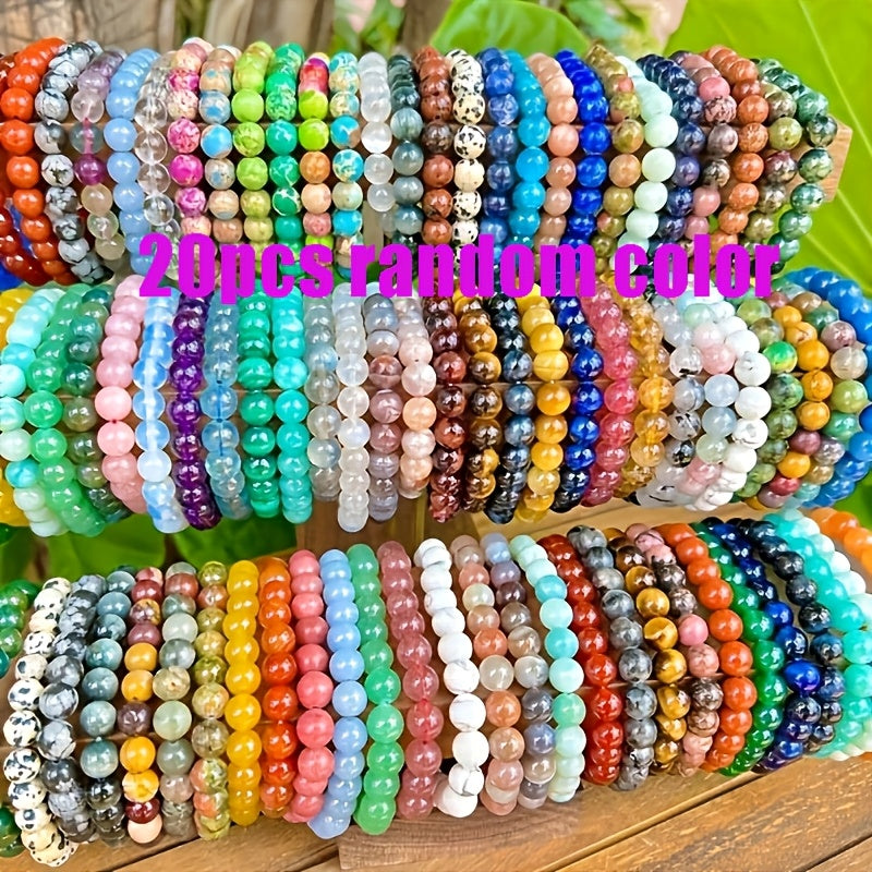 20 pulseras de piedra natural, pulseras de cuentas de piedra artificial de color aleatorio para mujeres y hombres, pulseras elásticas de cuentas redondas de 8 mm, pulseras naturales, regalo de cumpleaños, pulseras para mujer, pulseras para hombre, regalos