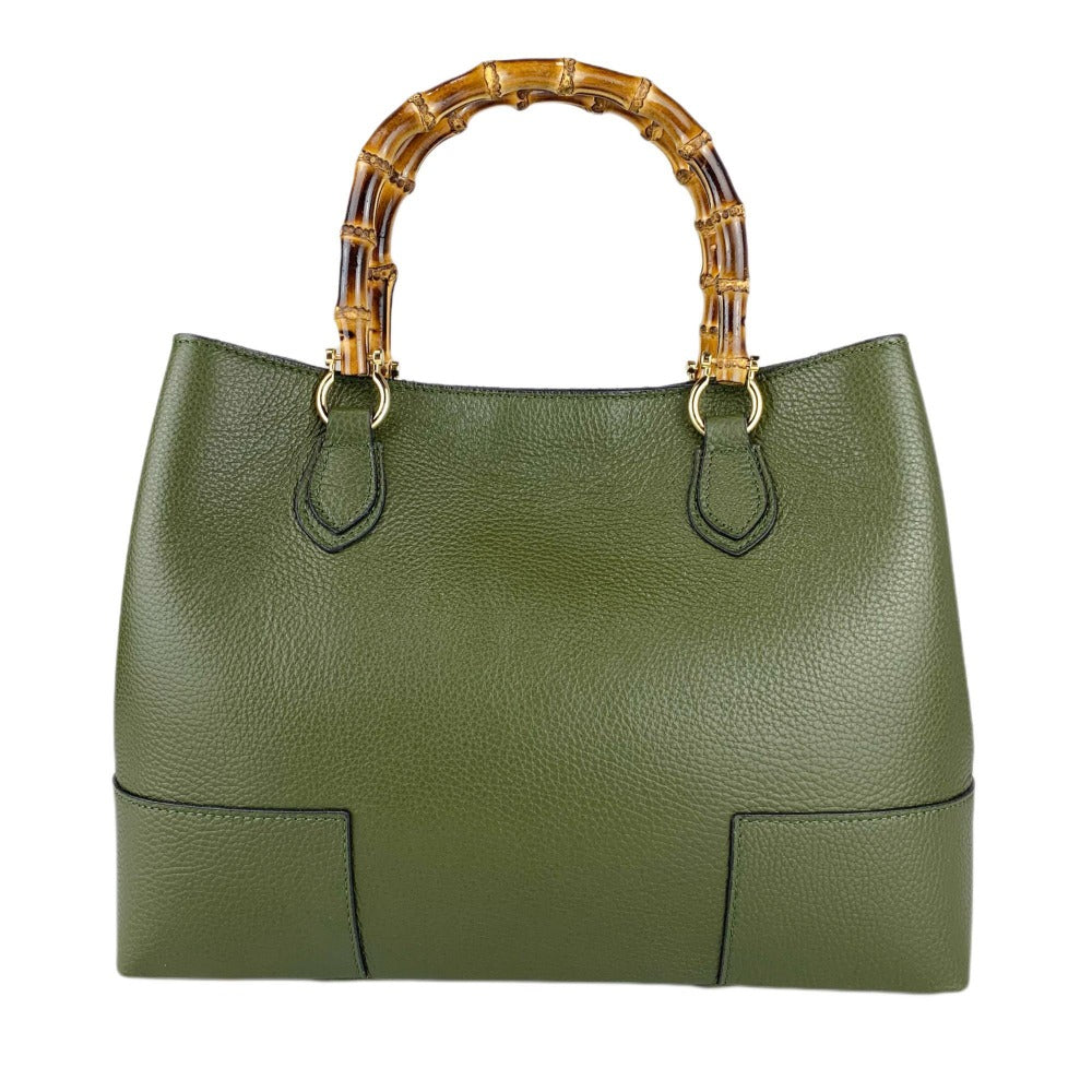 Bolso de cuero real con asas de bambú hecho en Italia, bolso de mujer, bolso de bambú de cuero