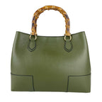 Bolso de cuero real con asas de bambú hecho en Italia, bolso de mujer, bolso de bambú de cuero