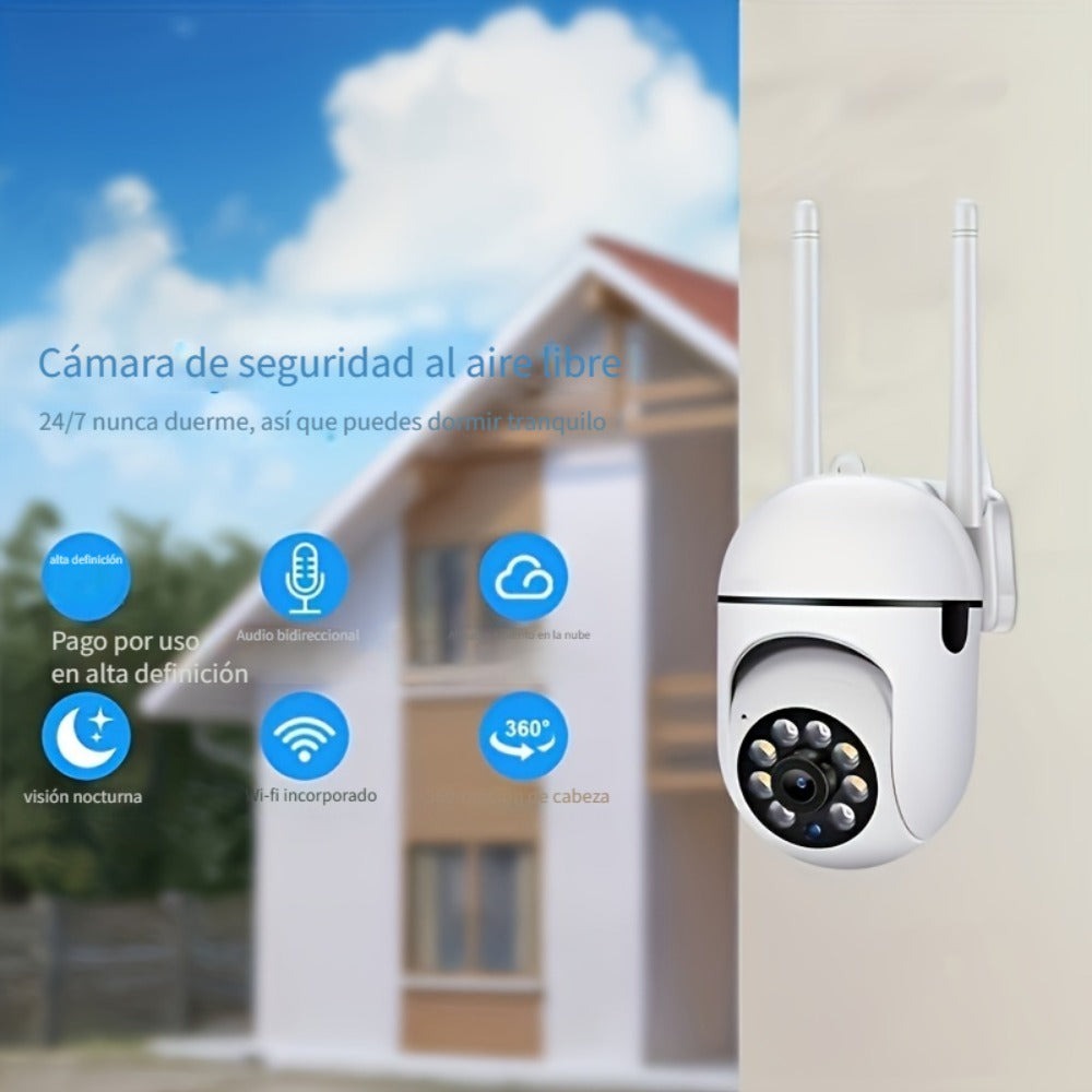 3 cámaras de seguridad Ease Life 1080P para exteriores con vista panorámica/tilt de 360° para seguridad en el hogar y exteriores con visión nocturna a color, detección de movimiento, audio bidireccional, Wi-Fi de 2.4Ghz, tarjeta de memoria y servicio en l