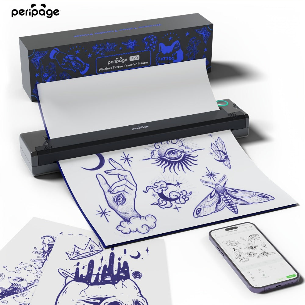 Impresora inalámbrica P90 de plantillas para tatuajes, máquina de tatuaje térmica con papel de plantillas, kit de impresora de tatuajes portátil compatible con teléfono, tableta y PC