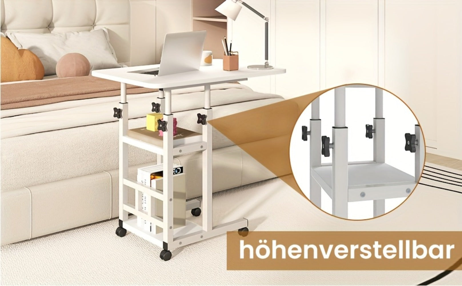 Escritorio Portátil de Madera Moderno con Altura Ajustable y Almacenamiento Multinivel - Estación de Trabajo para Hogar Ahorradora de Espacio con Ruedas, Soporte para Laptop y Función de Mesita de Noche Ideal para Trabajadores Remotos