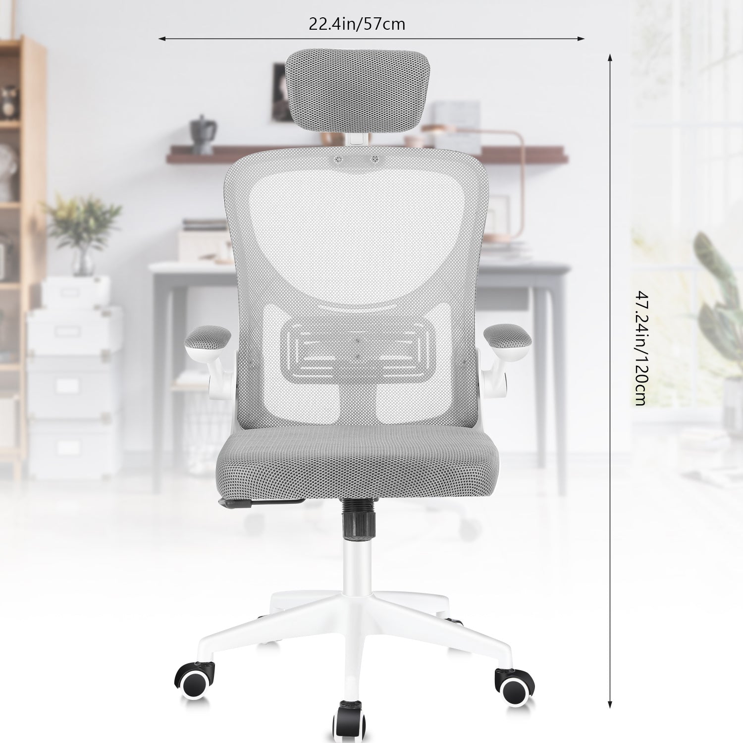Silla de Oficina con Función de Inclinación de 105°, Silla de Oficina Ergonómica con Soporte Lumbar, Reposacabezas y Reposabrazos Ajustable, Silla Giratoria, Silla de Oficina de Altura Ajustable 120Kg, Blanca