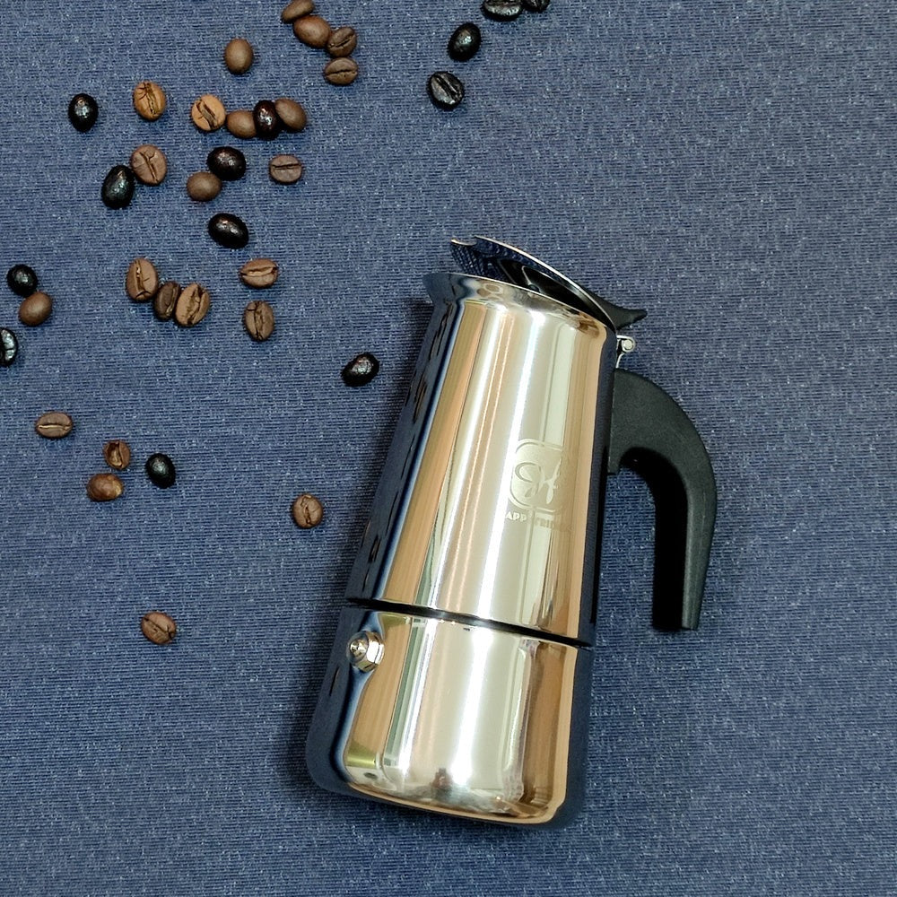 Cafetera Italiana de Acero Inoxidable para Espresso, Cafetera Moka Clásica, Mango Ergonómico de Agarre Frío, Ideal para Gas y Eléctrica (No apta para inducción Vitrocerámica), 2-12 tazas- Happy Friends